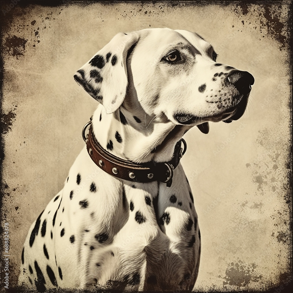 Dalmatian dog, old vintage retro postcard style, close-up portrait, cute pet, creative animal illustration
