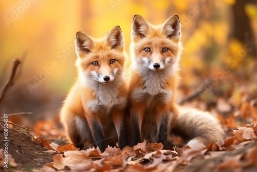 A couple of red foxes. Beautiful animal in the nature habitat. Wildlife scene from the wild nature. Cute animal in habitat