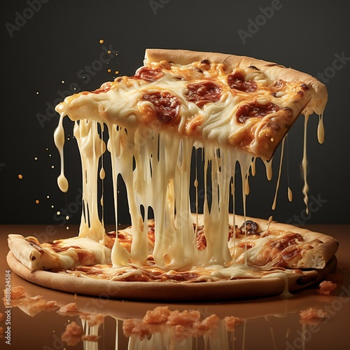 a whole pizza and floating pizza slice melting cheese on it