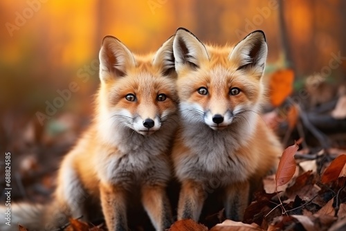 A couple of red foxes. Beautiful animal in the nature habitat. Wildlife scene from the wild nature. Cute animal in habitat © Boraryn