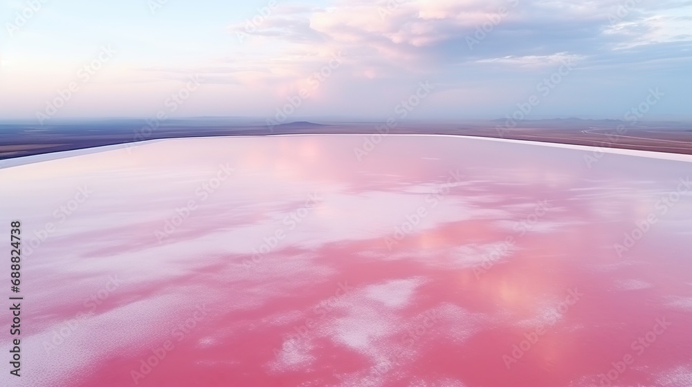Aerial view of Pink lake, incredible natural landscape. The salt lake turned pink. Vivid red Salt deposits on the shores of the beautiful pink lake. 
