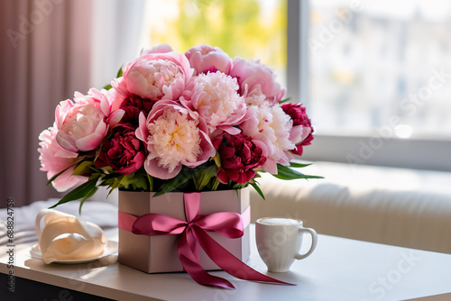 A bouquet of delicate pink and burgundy peonies, a gift box with a bow and a cup of coffee on the windowsill.