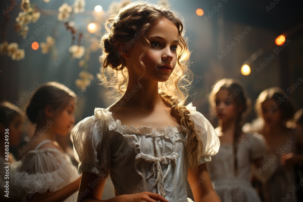 A woman in a white dress stands gracefully indoors, her human face radiating with joy and elegance as she prepares for her wedding day A woman in a white dress stands gracefully indoors, her human face radiating with joy and elegance as she prepares for her wedding day