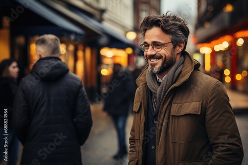 A stylish man with a confident smile stands on a city street, his jacket and beard adding to his cool and urban outerwear look