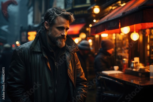 A solitary figure, adorned in a leather jacket, stands outside a dimly lit restaurant on a dark city street, his face hidden in the shadows as he contemplates the bustling building before him