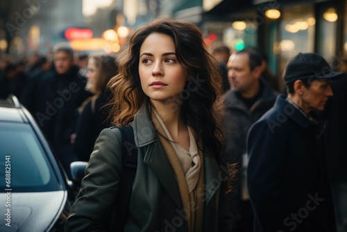 A lone woman stands out in a sea of bustling street fashion, her coat shielding her from the city's chaos as she walks among buildings and vehicles