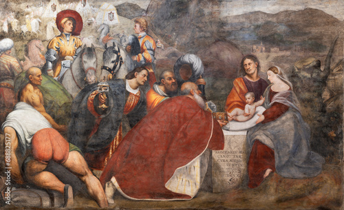 TREVISO, ITALY - NOVEMBER 8, 2023: The renaissance fresco of Three Magi in the Cathedral by Giovanni Antonio de Sacchis - Pordenone (1520).