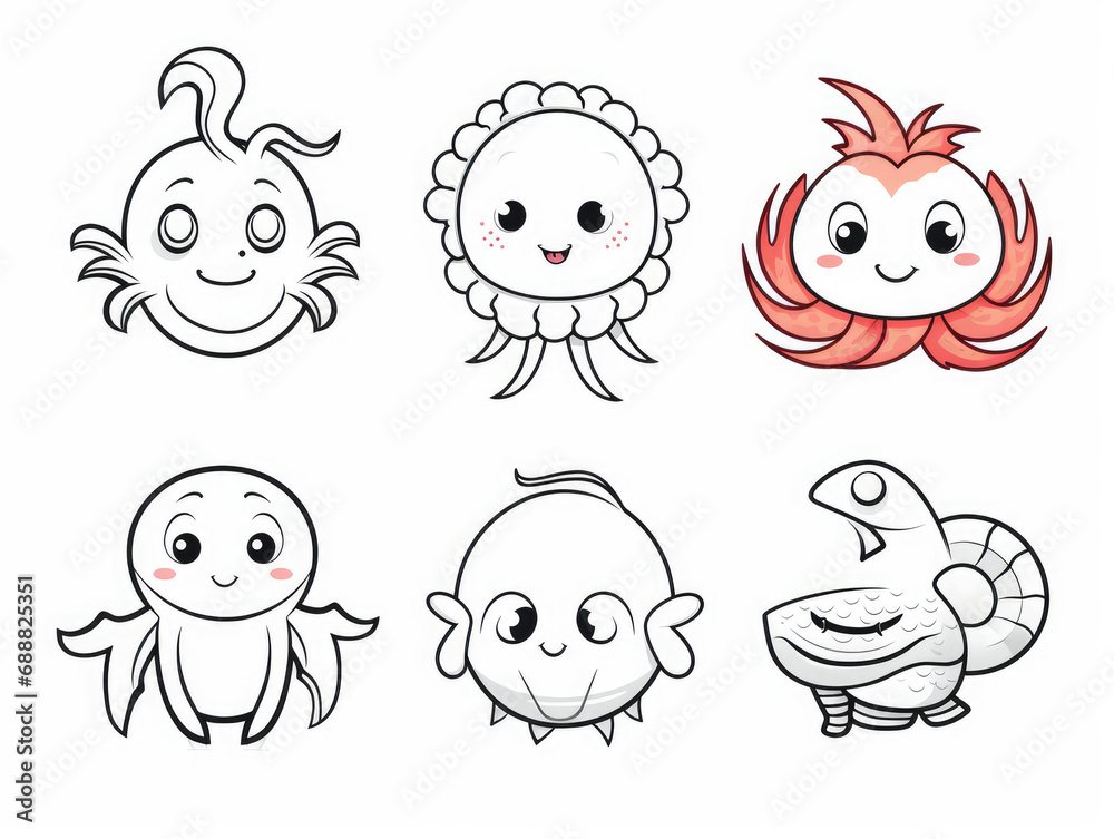 Bundle of Underwater animals for kids with simple lines. Bundle of Underwater animals for kids with simple lines.