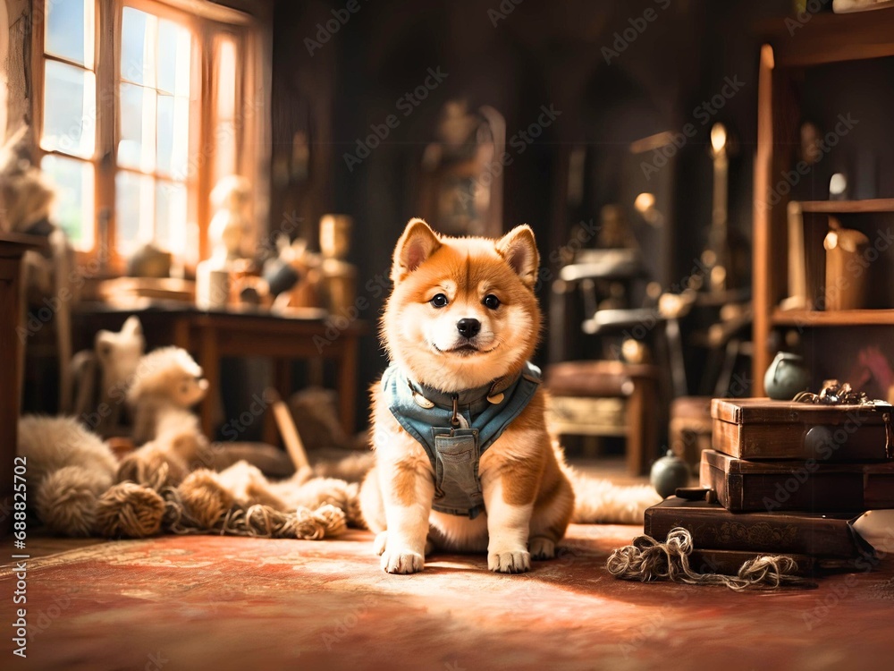 可愛い部屋でお座りしてる豆柴犬
