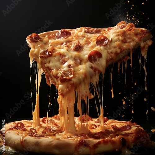 a whole pizza and floating pizza slice melting cheese on it