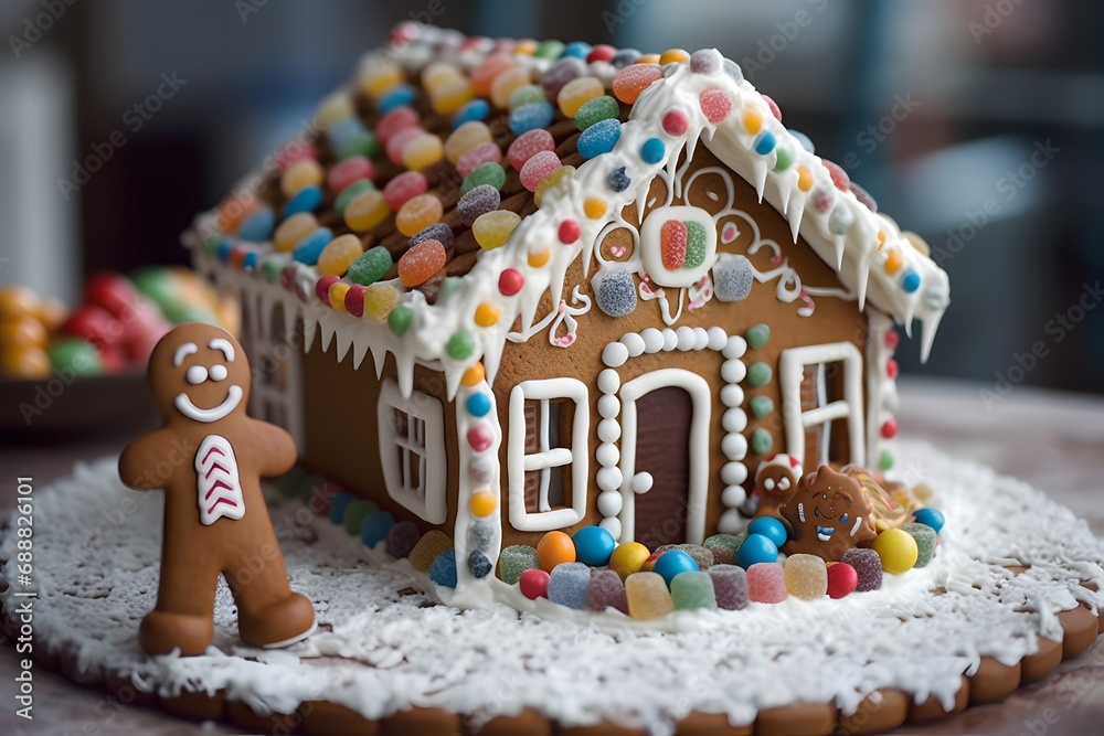 An image of a gingerbread house with a brown roof, white icing, and colorful candies (Generative AI)