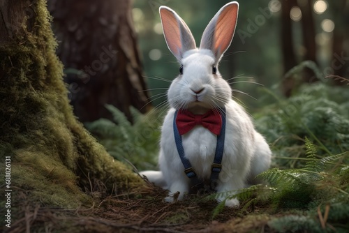 An image of a white rabbit with long ears and a fluffy tail, sitting on a grassy field (Generative AI)