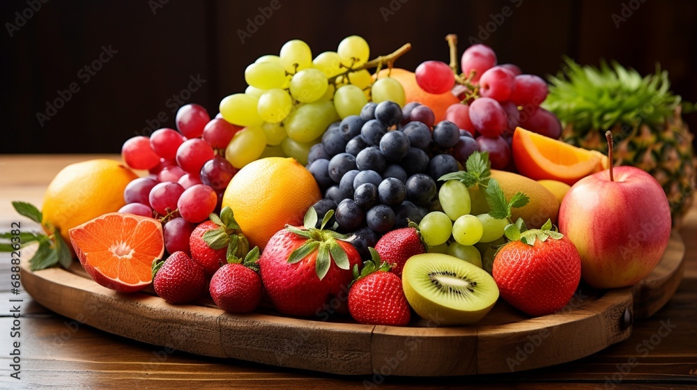 A colorful assortment of fresh fruits arranged artistically on a rustic wooden platter. [Ample copy space at the bottom.]