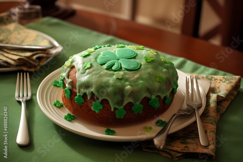 An image of a green cake, decorated with white frosting and green sprinkles (Generative AI)