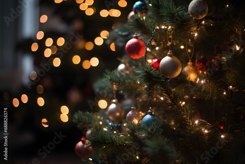 A close-up of a Christmas tree with green needles, red and gold baubles, white lights, and a star on top (Generative AI)