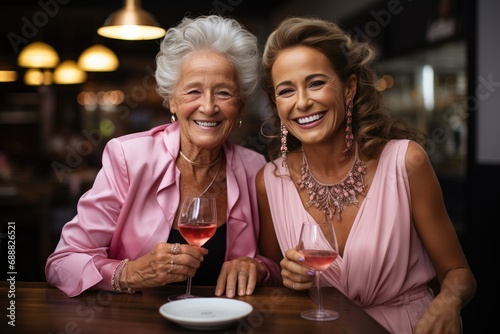 Two stylish women share a joyful moment over drinks at a fancy indoor restaurant, their smiles as radiant as their fashion accessories and the stemware in their hands