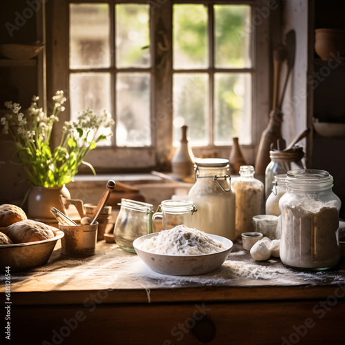 Do-It-Yourself Home Baking Scene with Rustic Kitchen Tools and Fresh Ingredients