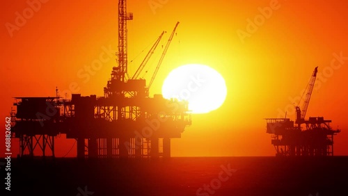 Sun setting behind two offshore oil platform off the coast of California photo