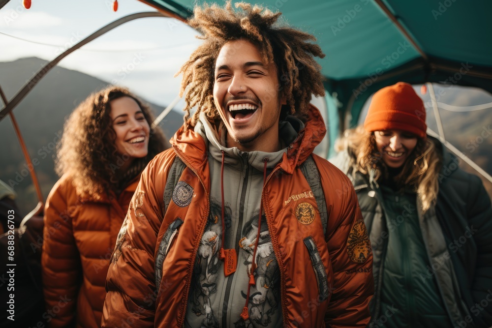Amidst the winter chill, a group of people stand in their warm jackets, smiling up at the sky from inside their cozy tent