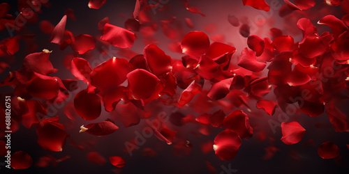 Red rose petals flying on dark background, valentines day, romantic