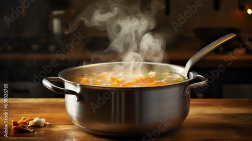 A pot of bubbling soup on a stovetop with steam rising and a ladle resting on the rim.