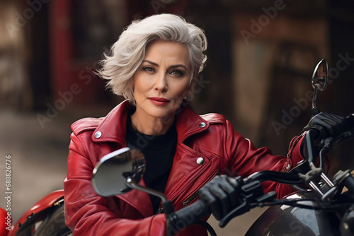 Biker woman with gray hair in a red jacket on a motorcycle