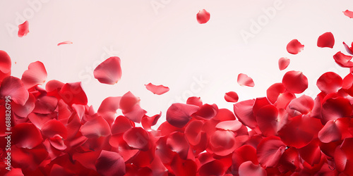 Red rose petals flying on light background, Valentines day, romantic