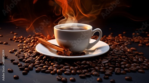 A steaming cup of coffee placed on a saucer with coffee beans scattered around.
