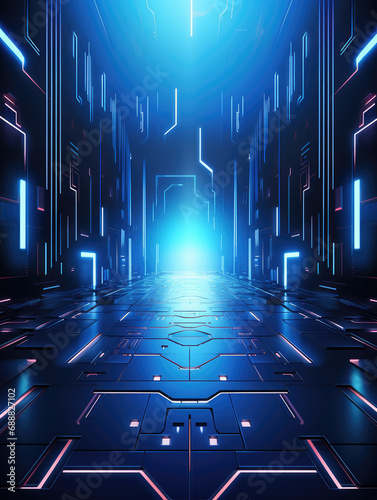 A vibrant sci-fi blue neon-lit futuristic corridor with a deep perspective. Tall vertical, abstract futuristic background.
