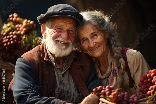 A joyful couple stands among fresh, vibrant produce at the local market, their faces radiating happiness as they hold a basket of succulent grapes and don stylish fashion accessories