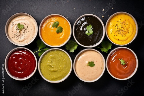A vibrant assortment of dipping sauces in bowls with copyspace for text overlay.
