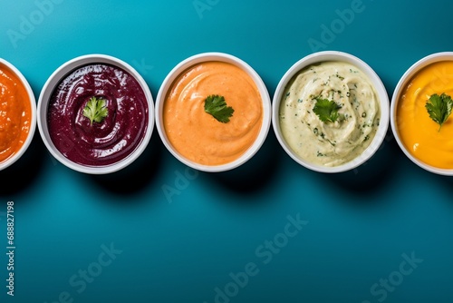 A vibrant assortment of dipping sauces in bowls with space for text overlay. photo