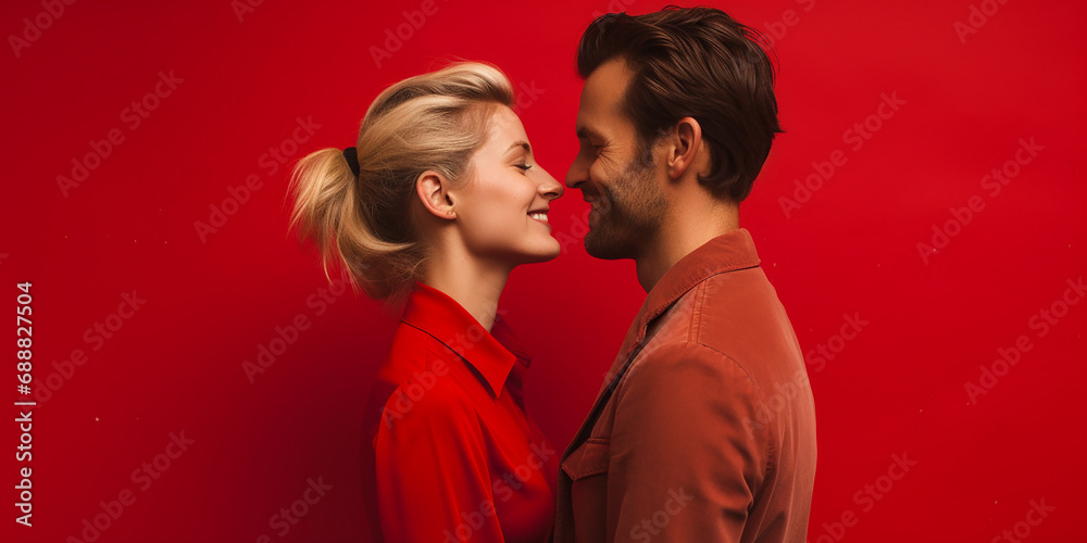 Obraz premium Happy couple on red background , valentines day