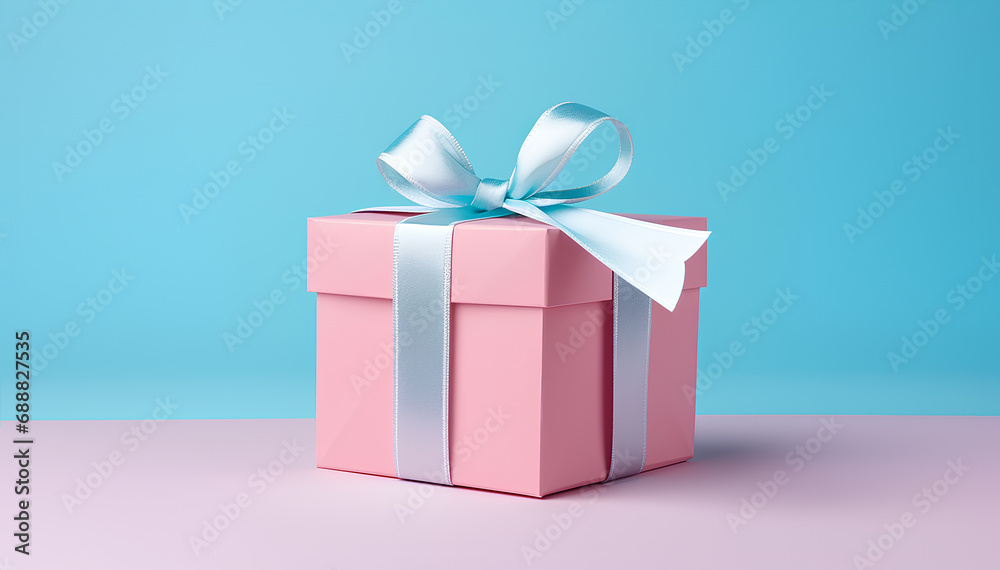 Obraz premium Gift pink box with ribbon on a blue background.
