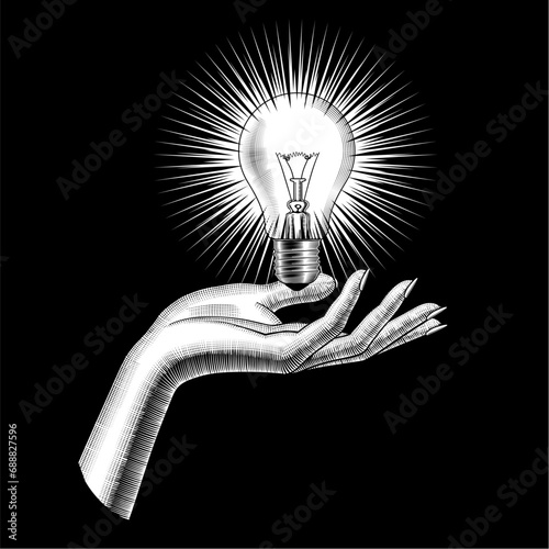 Woman's palm with a lit glass light bulb above it on a black background. Vintage engraving stylized drawing. Vector illustration 