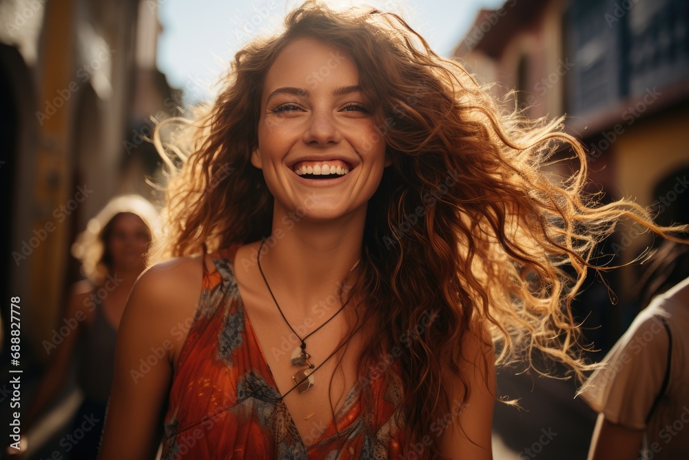A carefree woman exudes confidence as her long, layered hair dances in the wind, showcasing her fashion-forward sense and infectious smile while walking down a bustling street A carefree woman exudes confidence as her long, layered hair dances in the wind, showcasing her fashion-forward sense and infectious smile while walking down a bustling street