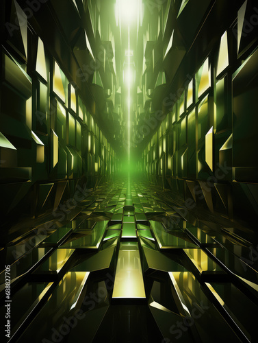 A vibrant green neon-lit futuristic corridor made of futuristic cubes with a deep perspective. Tall vertical, abstract futuristic background.