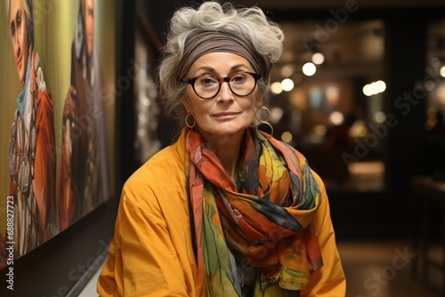 A stylish woman exudes confidence as she poses against a wall, her glasses and scarf adding a touch of artistic flair to her already captivating portrait