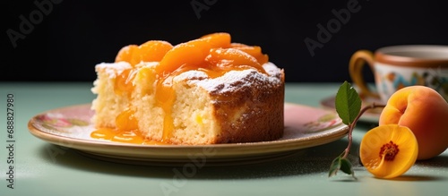 Apricot cake on plate. photo