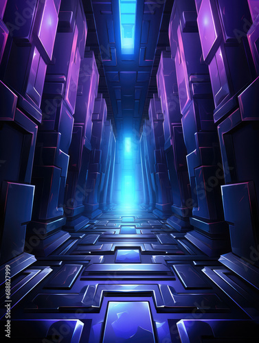 A vibrant purple and blue neon-lit futuristic corridor with a deep perspective. Tall vertical, abstract futuristic background.