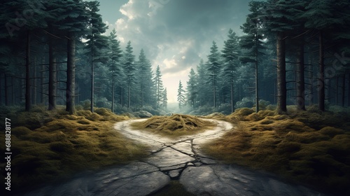 Crossroads, two different directions, concept of choose the correct way. forest landscape