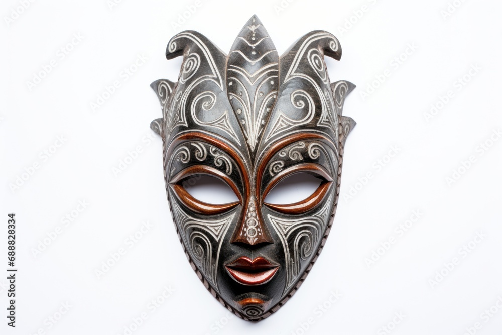 Carnival mask for the festival. African ethnic ritual mask isolated on white background. Wooden Tribal Mask of warrior with carved ornaments. Traditions and customs of Africa. Travel souvenir