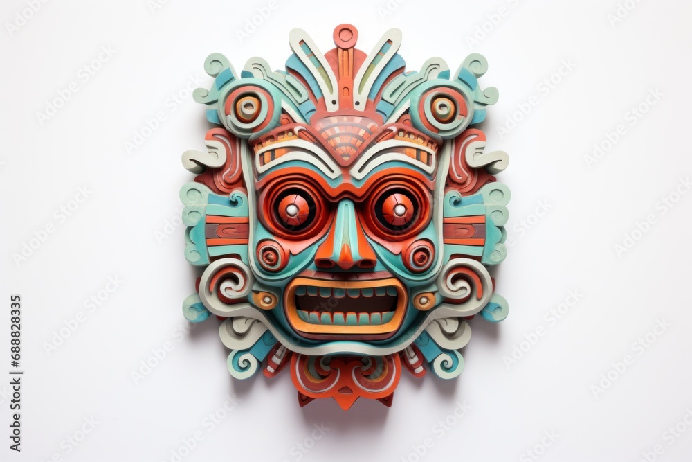 Carnival mask for the festival. Aztec traditional ceremonial mask on a white background. Warrior mask. Tribal totem. Traditions and customs of the ancient Aztecs. Travel souvenir