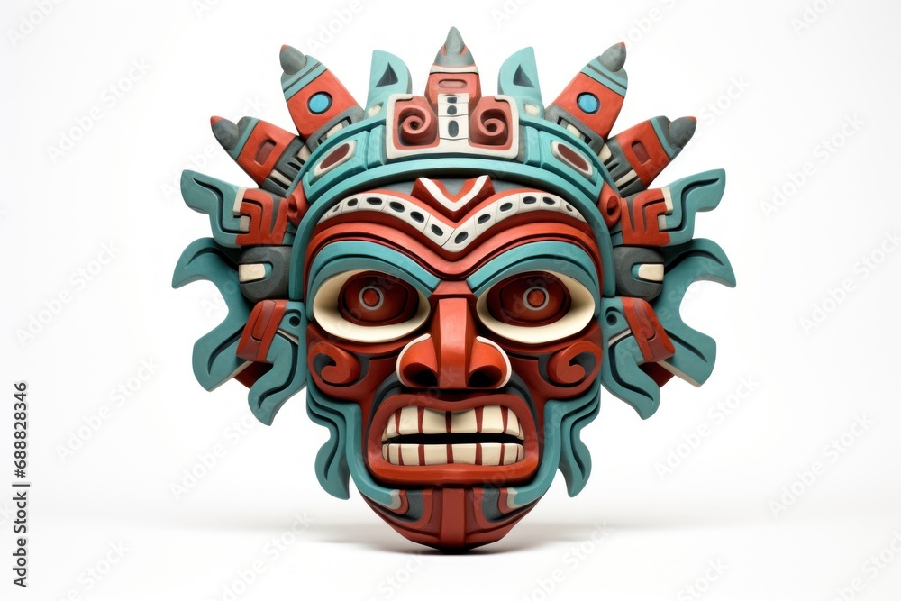 Carnival mask for the festival. Aztec traditional ceremonial mask on white background. Warrior mask. Tribal totem. Traditions and customs of ancient Aztecs. Travel souvenir