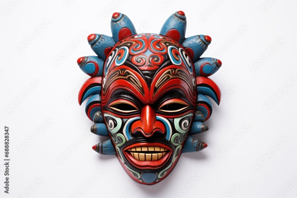 Carnival mask for the festival. African ethnic ritual mask isolated on a white background. Wooden Tribal Mask of warrior with carved ornaments. Traditions and customs of Africa. Travel souvenir Carnival mask for the festival. African ethnic ritual mask isolated on a white background. Wooden Tribal Mask of warrior with carved ornaments. Traditions and customs of Africa. Travel souvenir