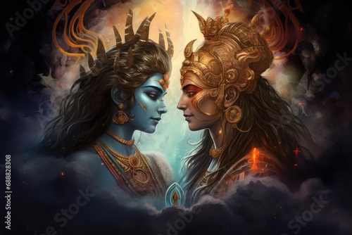 Shiva and Shakti coming together, when their energies merge, creating cosmic balance. Hindu deities. Hinduism. Man and woman in love. On background of fire and water. Fantasy Illustration photo