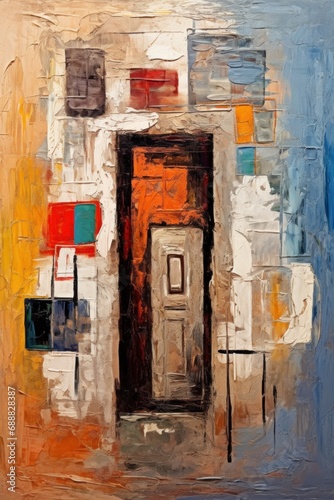 Door in wall. In style of oil painting. Metaphorical associative card on theme of Choice, door to the unknown, exit. Psychological abstract picture. Postcard, wall decoration, book illustration © Jafree