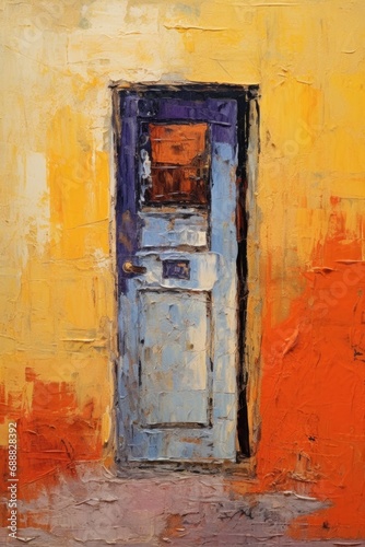 Door in wall. In style of oil painting. Metaphorical associative card on theme of Choice, door to the unknown, exit. Psychological abstract picture. Postcard, wall decoration, book illustration © Jafree