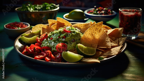 Guacamole. Snack made from avocado pulp with tomatoes, cilantro, vegetables, lime and spices. Traditional Mexican dish. On dark background. For food blog, restaurant, cafe, menu, cookbook.
