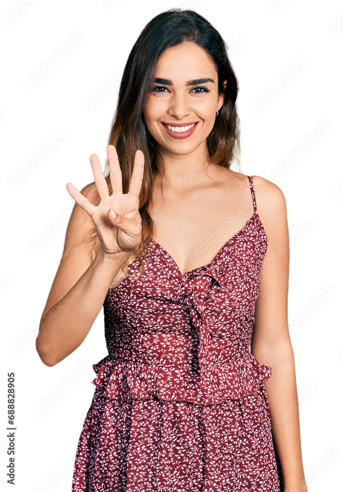 Beautiful hispanic woman wearing summer dress showing and pointing up with fingers number four while smiling confident and happy. Beautiful hispanic woman wearing summer dress showing and pointing up with fingers number four while smiling confident and happy.